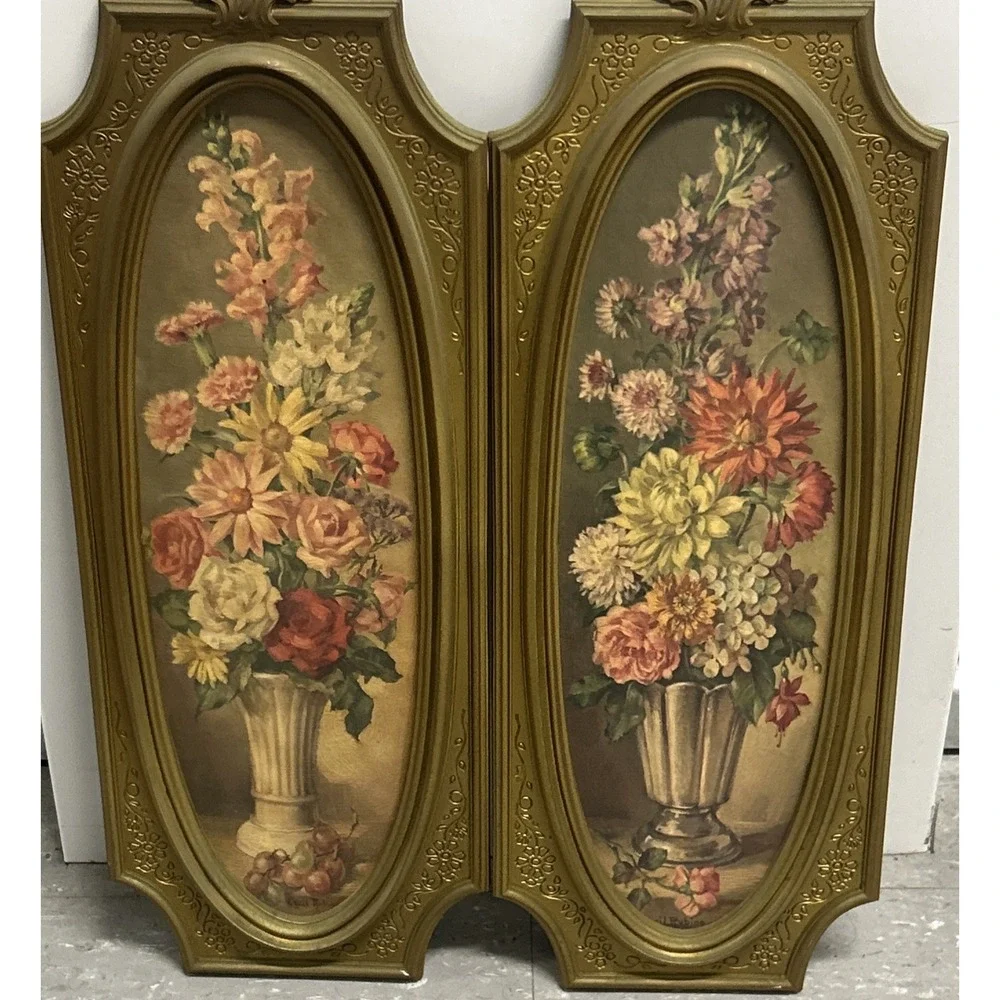 Pair of 1964 Florentine Gardens Vtg Floral Wall Art by Cecil Rubino - Gold Frame